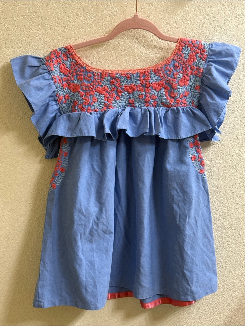 Mi Golondrina Blue Embroidered Flutter Sleeve Top with Coral Floral Detail - Picture 7 of 11